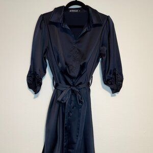 Allegra K Black Satin Shirt Dress Tie Waist